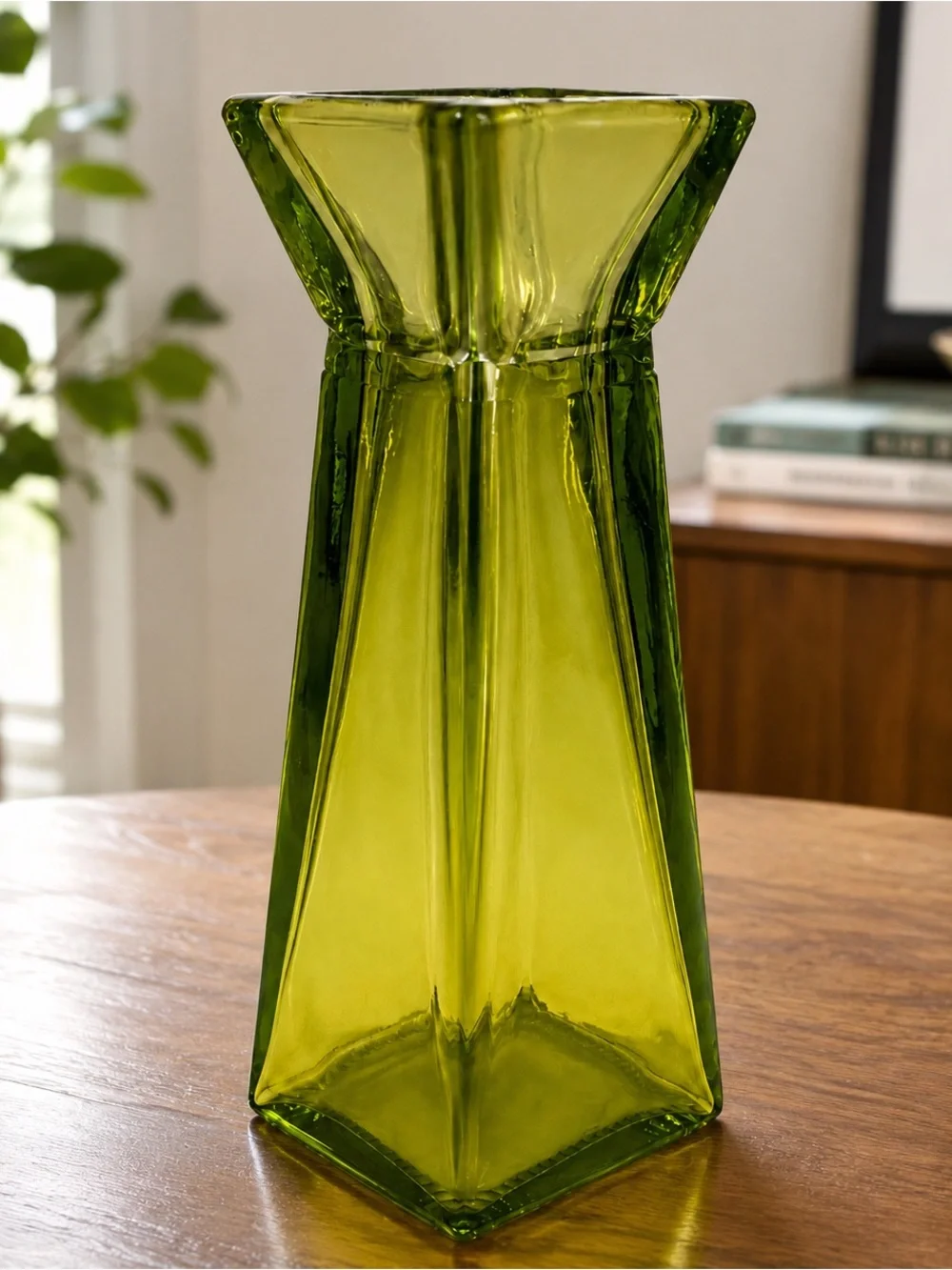 Blenko Inspired Olive Green Art Glass Vase 11” Vtg MCM Geometric Retro Decor